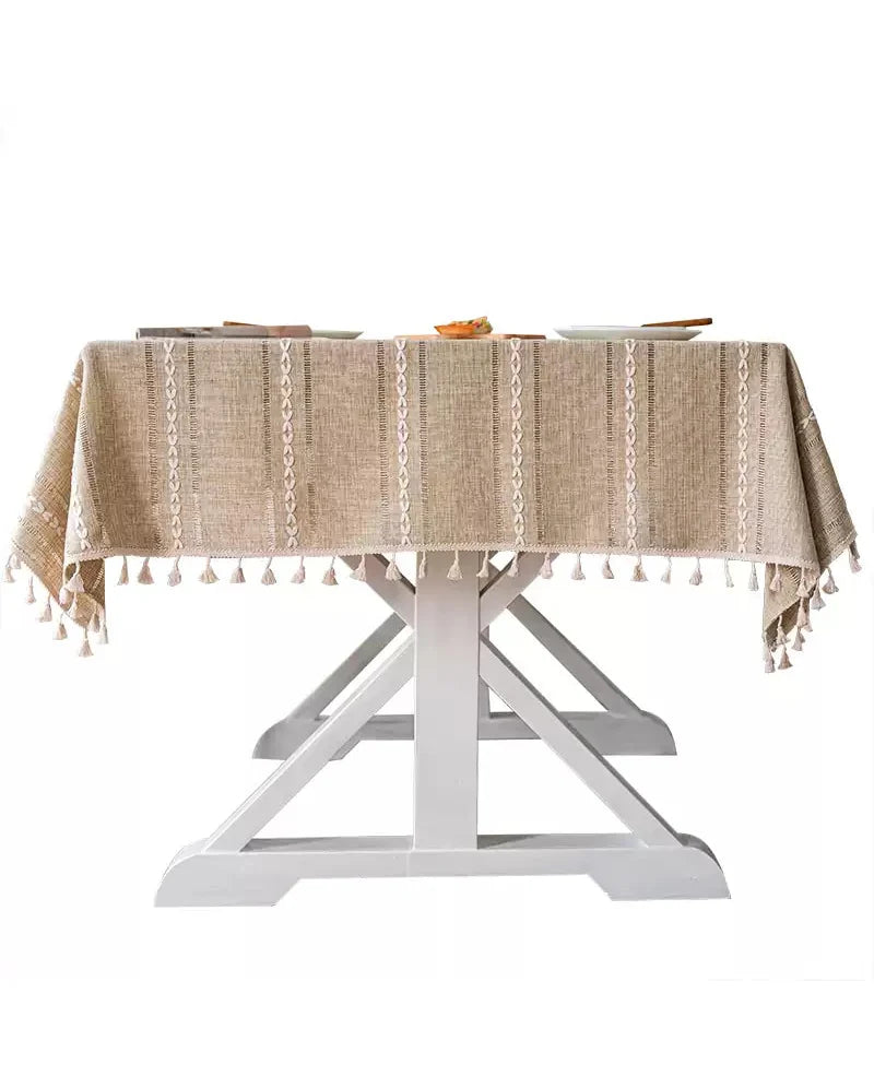 Embroidered Table Cloth for Dining Table | YM·Multiple Lines Hollow·Tassel
