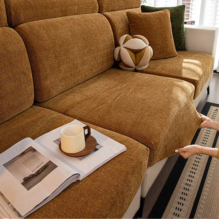 Chenille Solid Woven Stretch Sofa Cushion Cover - Caramel