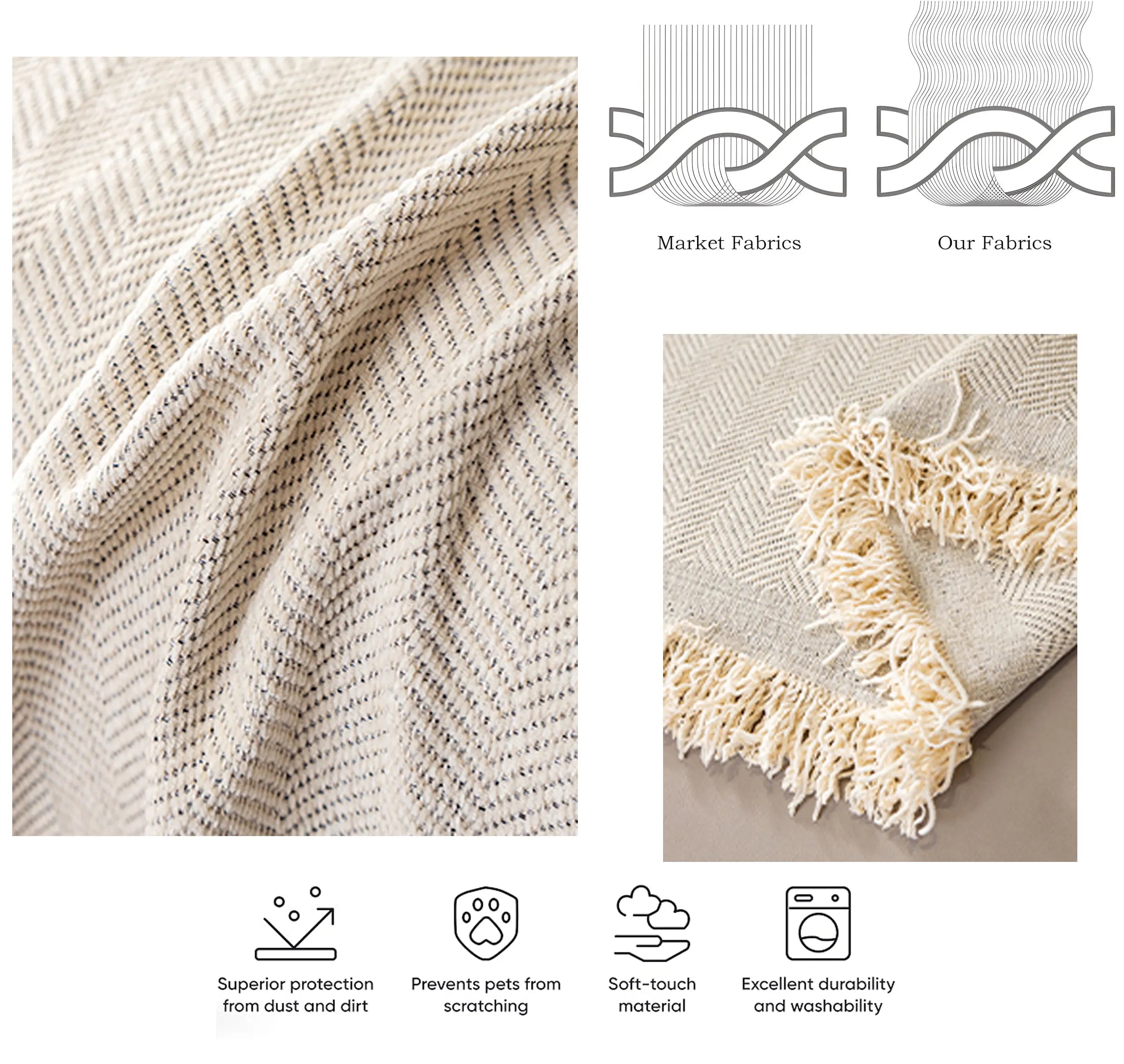 Chenille Solid Woven Stretch Sofa Blanket - Cream