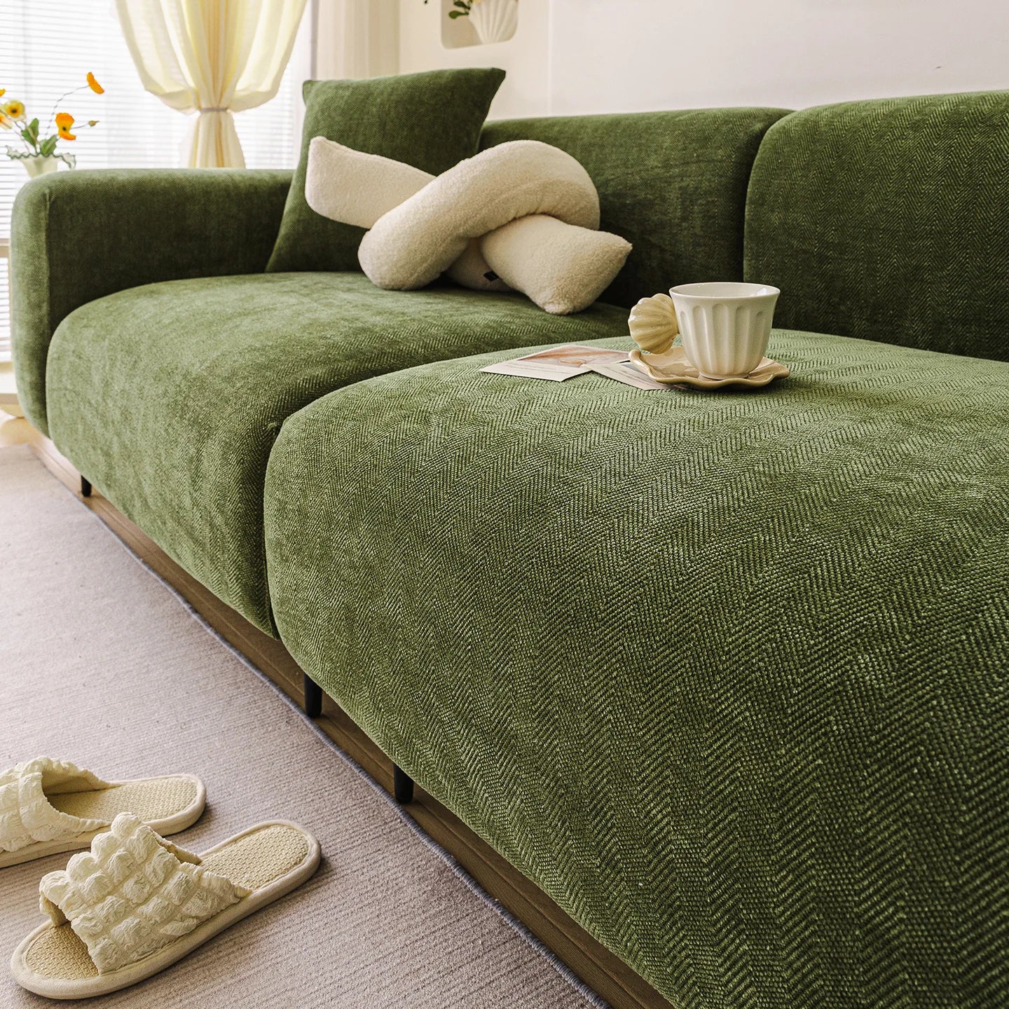 Chenille Solid Woven Stretch Sofa Cover - Green
