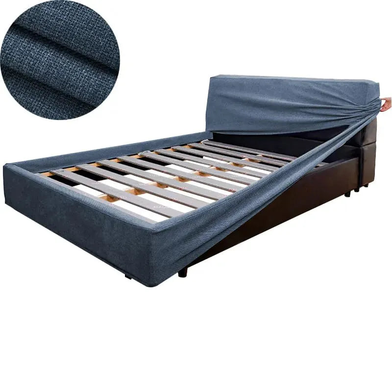 Bed Frame + Headboard Cover | Elara Flax- Indigo Denim