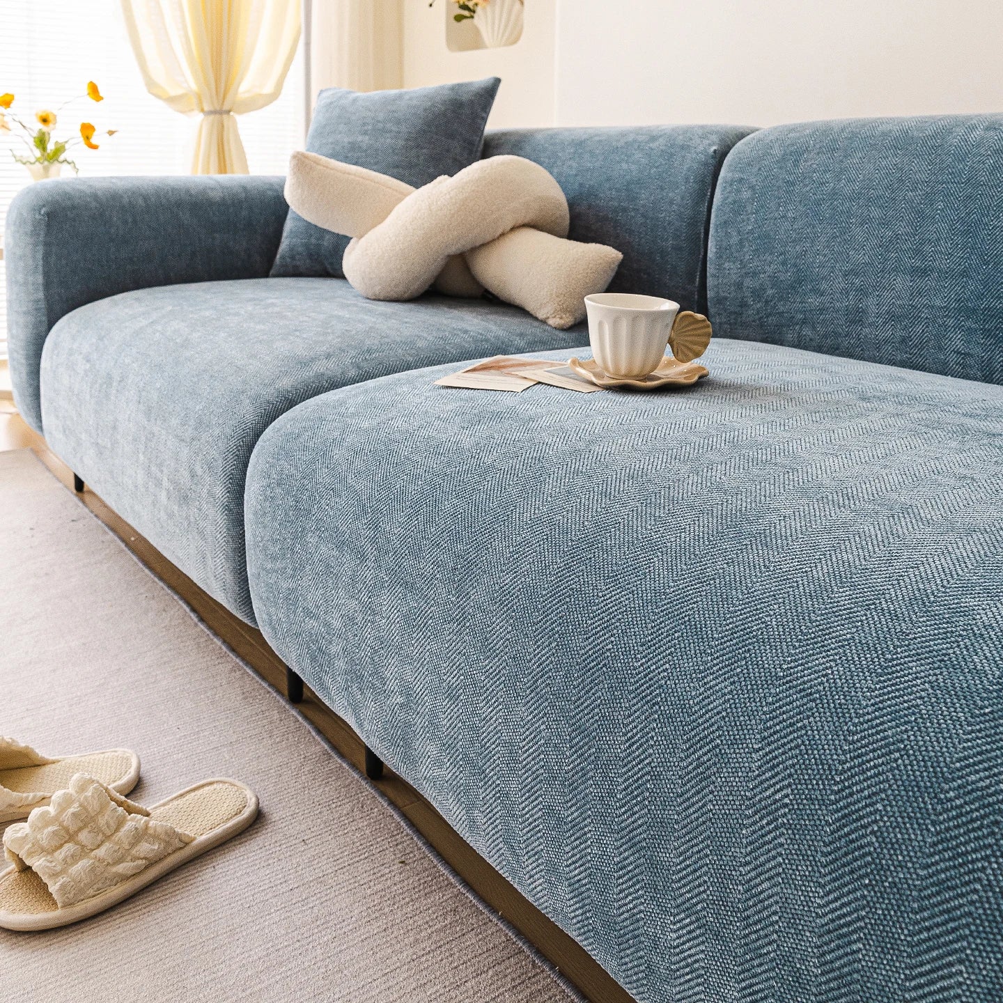 Chenille Solid Woven Stretch Sofa Cover - Greyish Blue