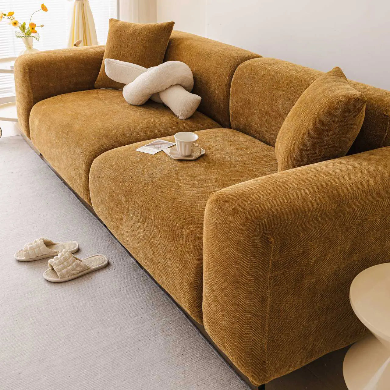 Chenille Solid Woven Stretch Sofa Cover - Caramel