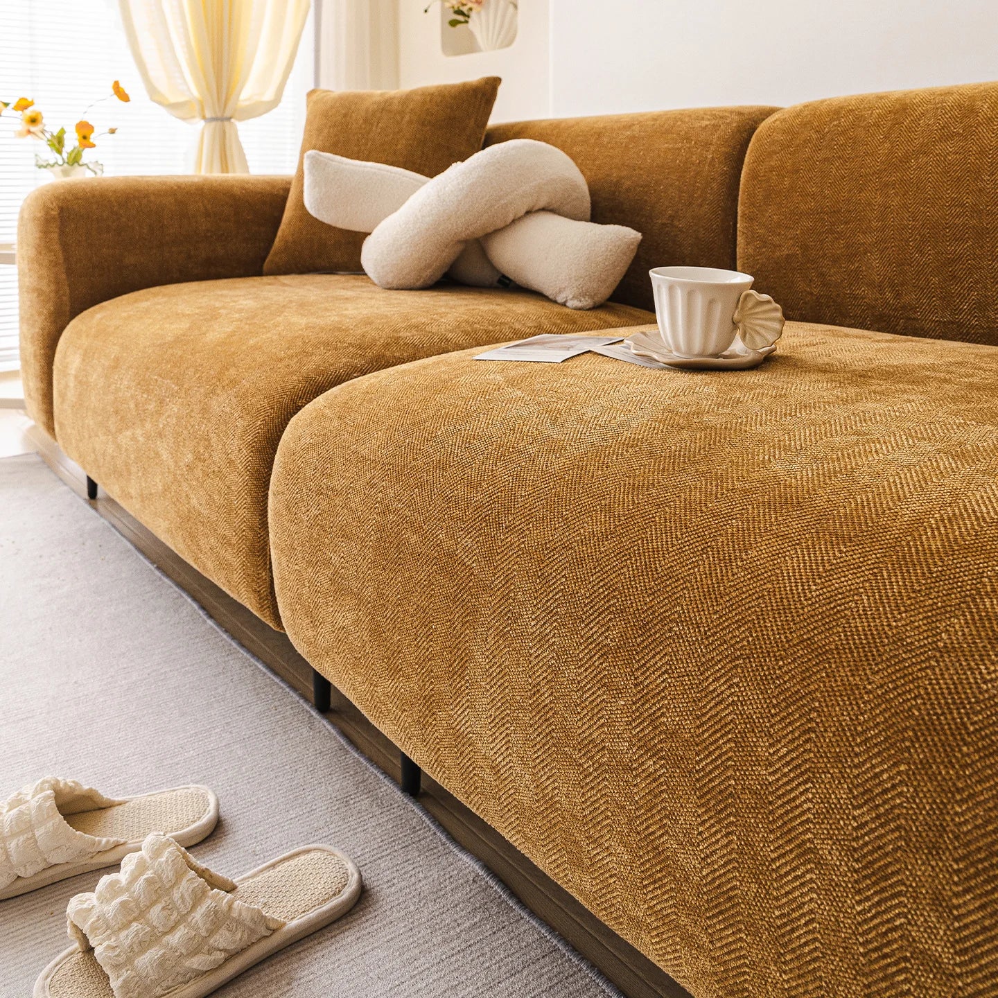 Chenille Solid Woven Stretch Sofa Cover - Caramel