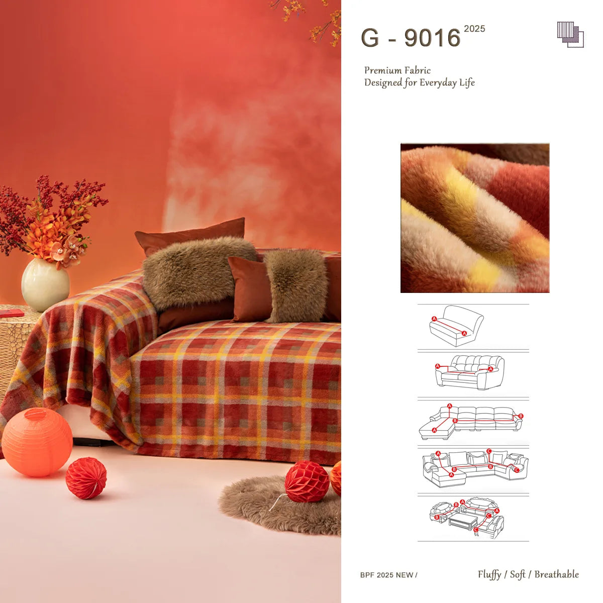 G 9016 Red Luck Grid Fur-Free Sofa Cover | Retro Plaid Custom Cover
