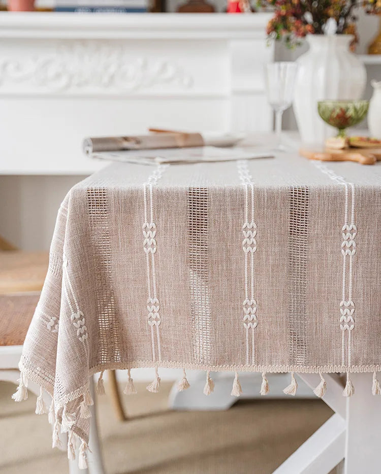 Embroidered Table Cloth for Dining Table | YM·Multiple Lines Hollow·Tassel