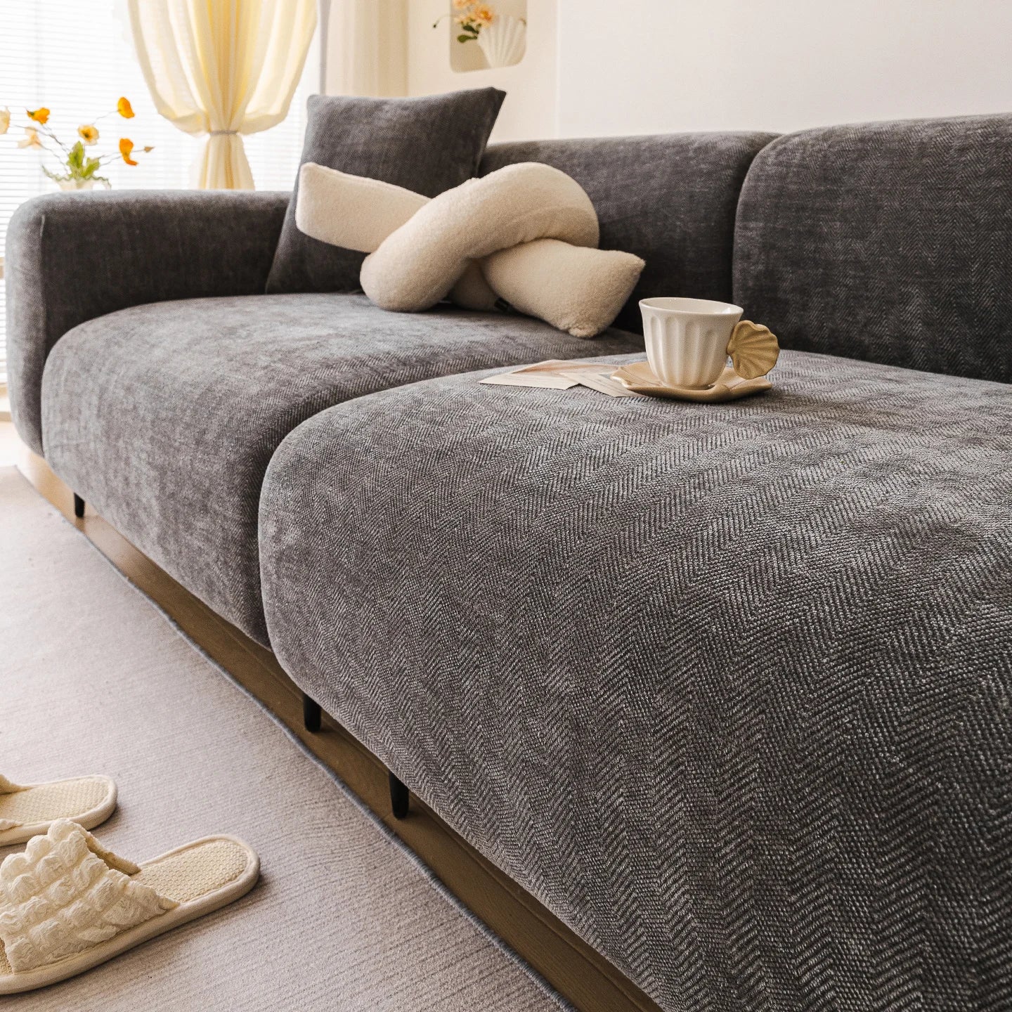 Chenille Solid Woven Stretch Sofa Cover - Dark Grey