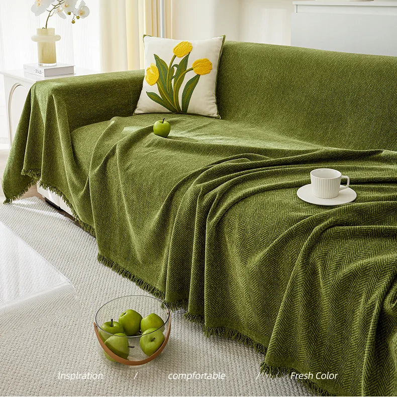 Chenille Solid Woven Stretch Sofa Blanket - Green
