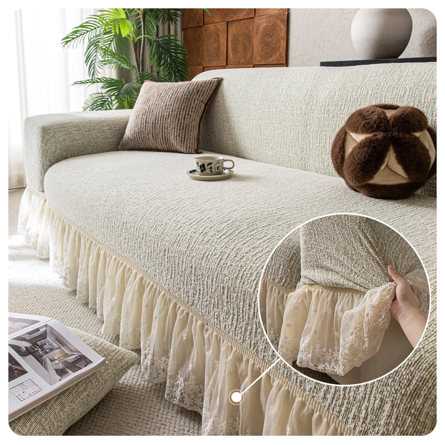 Chenille Solid Woven Stretch Sofa Cover - Floral Green