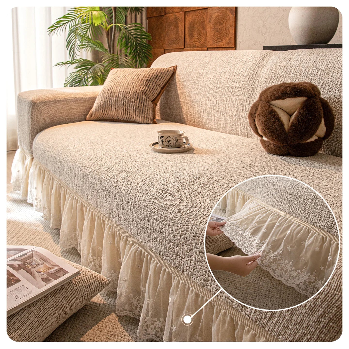 Chenille Solid Woven Stretch Sofa Cover - Khaki