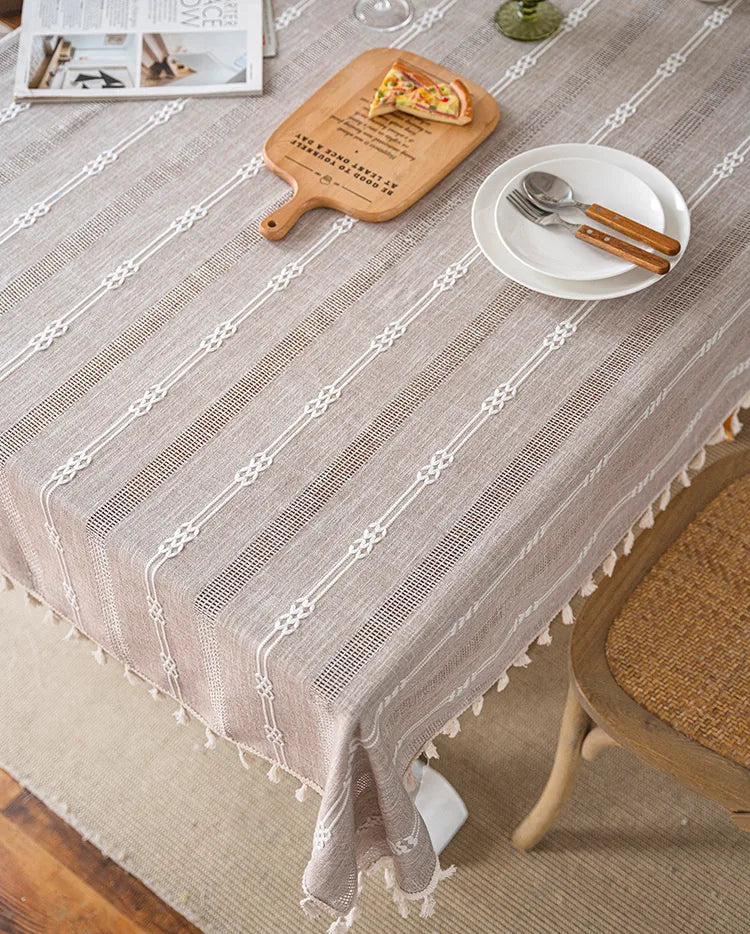 Embroidered Table Cloth for Dining Table | YM·Multiple Lines Hollow·Tassel