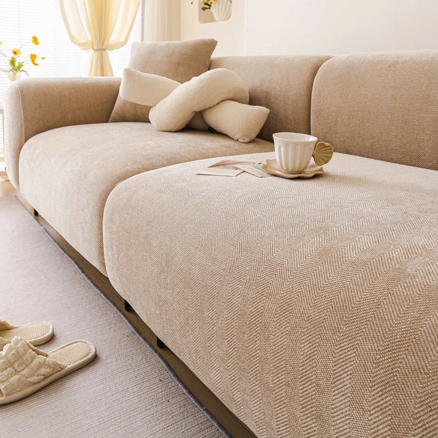 Chenille Solid Woven Stretch Sofa Cover - Cream