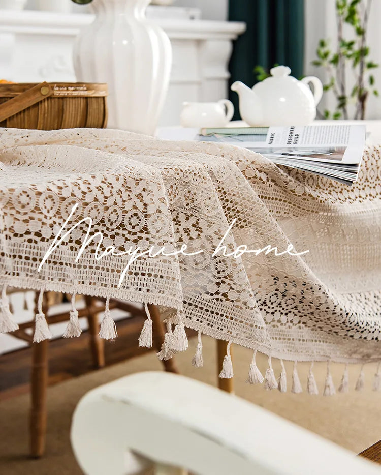 Embroidered Table Cloth for Dining Table | YM·Beige Copper Coin Hollow·Ins