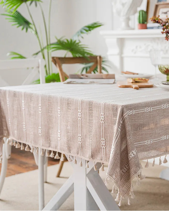 Embroidered Table Cloth for Dining Table | YM·Multiple Lines Hollow·Tassel