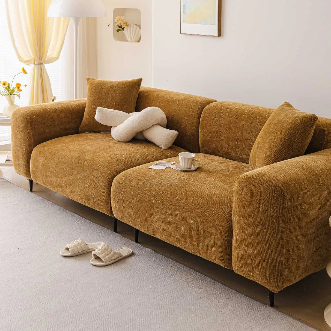Chenille Solid Woven Stretch Sofa Cover - Caramel