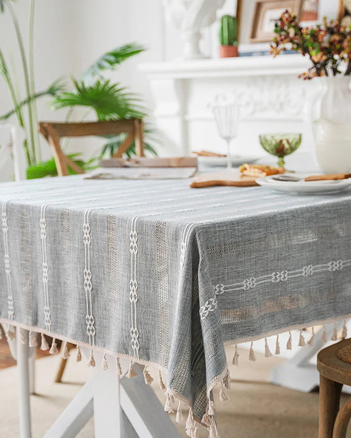 Embroidered Table Cloth for Dining Table | YM·Multiple Lines Hollow·Tassel