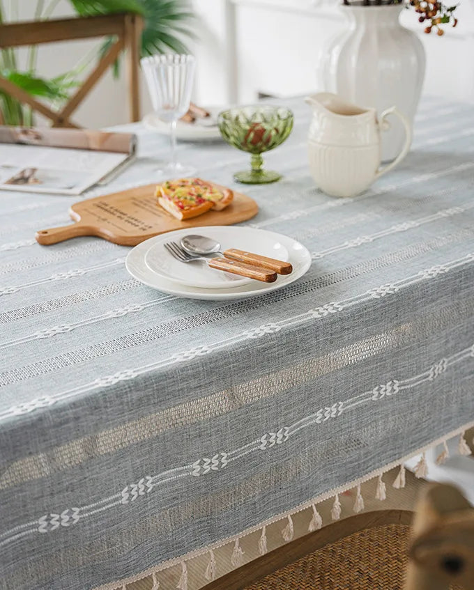 Embroidered Table Cloth for Dining Table | YM·Multiple Lines Hollow·Tassel