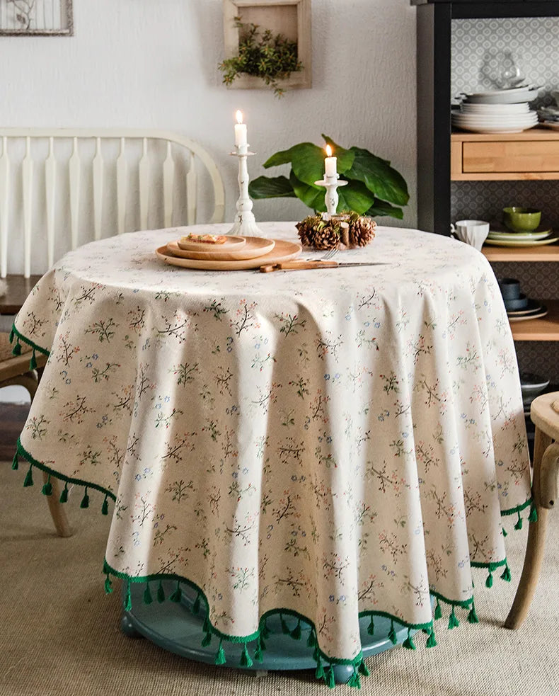 Mantel bordado para mesa de comedor | YM·Pastoral francés sedoso·Borlas