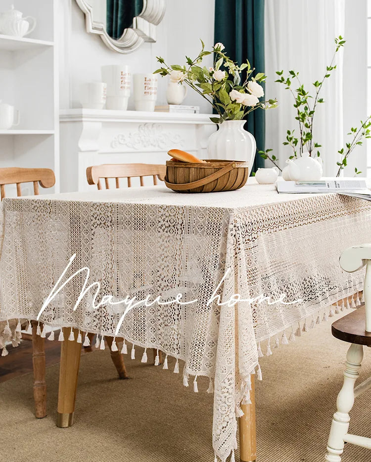 Embroidered Table Cloth for Dining Table | YM·Beige Copper Coin Hollow·Ins