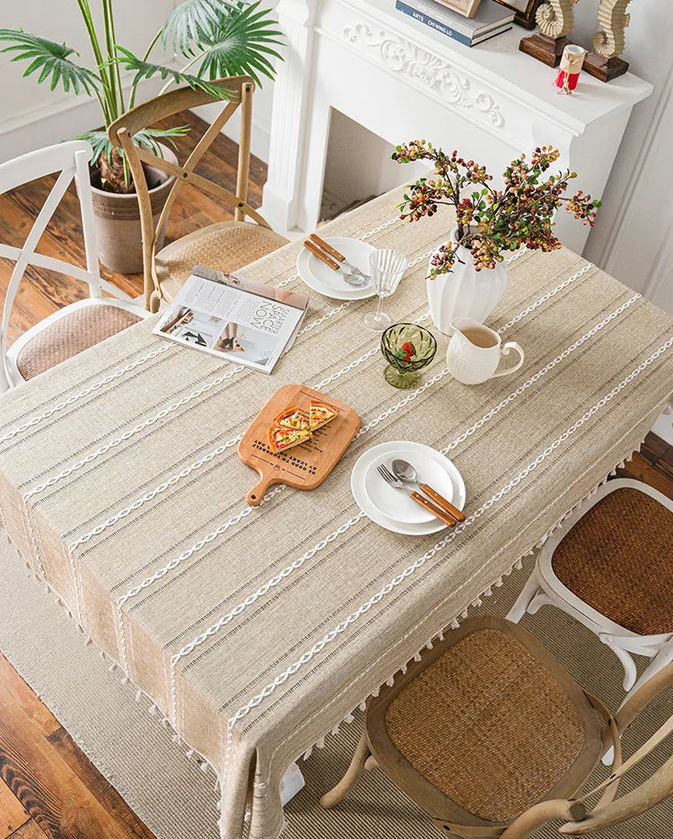 Embroidered Table Cloth for Dining Table | YM·Multiple Lines Hollow·Tassel