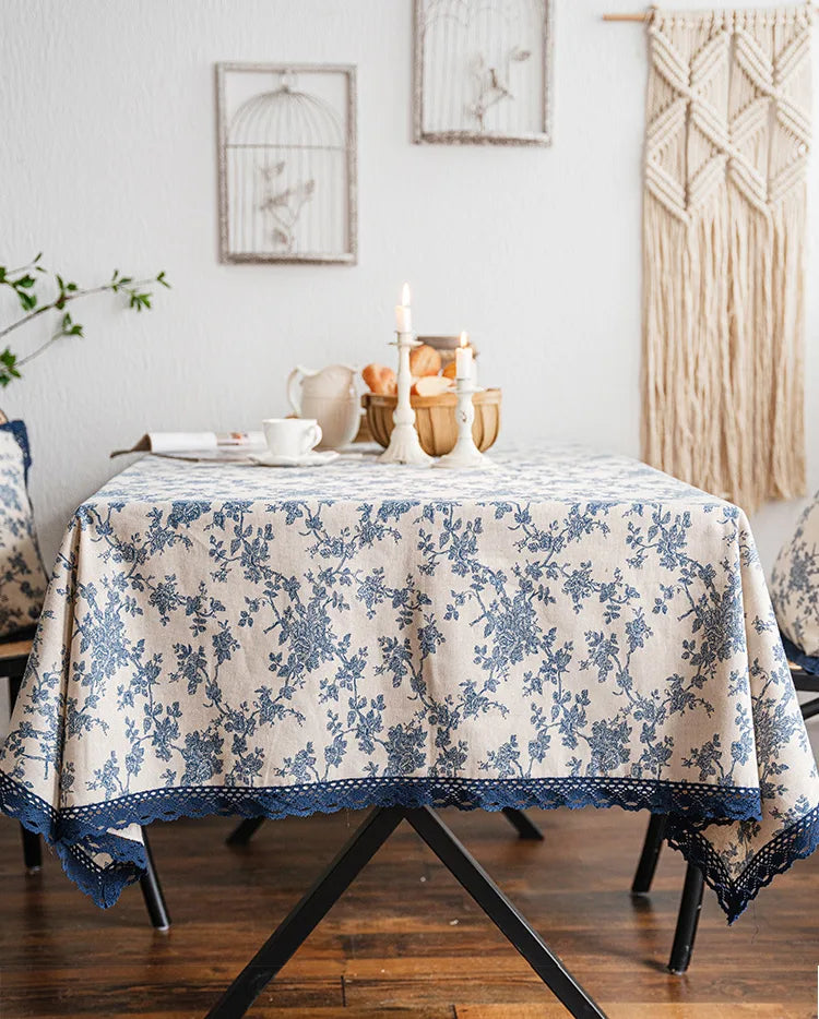 Embroidered Table Cloth for Dining Table | YM · Blue Rose · Navy French Lace