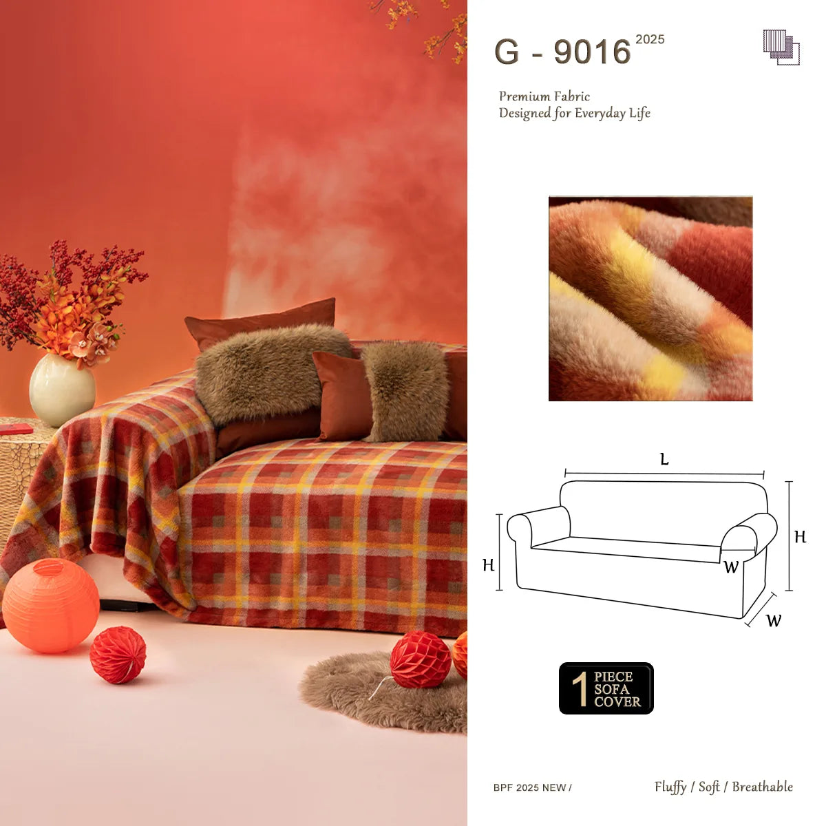 G 9016 Red Luck Grid Fur-Free Sofa Cover | Retro Plaid Custom Cover