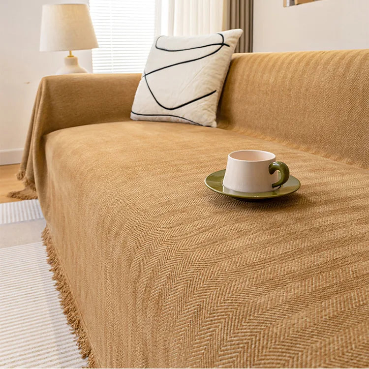 Chenille Solid Woven Stretch Sofa Blanket - Caramel