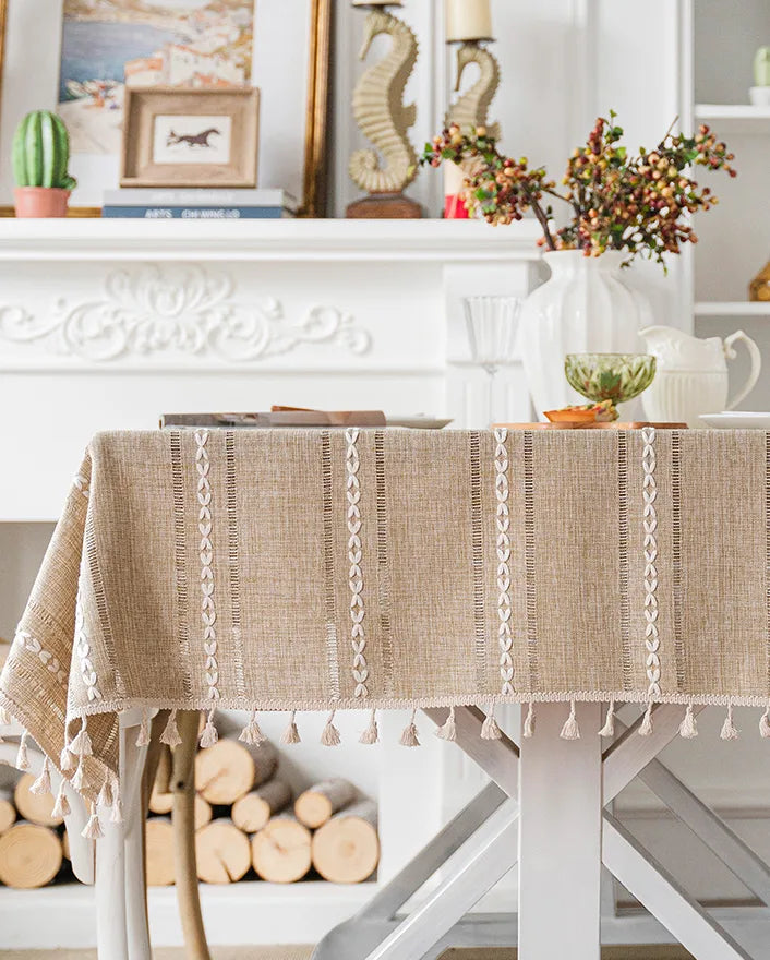 Embroidered Table Cloth for Dining Table | YM·Multiple Lines Hollow·Tassel