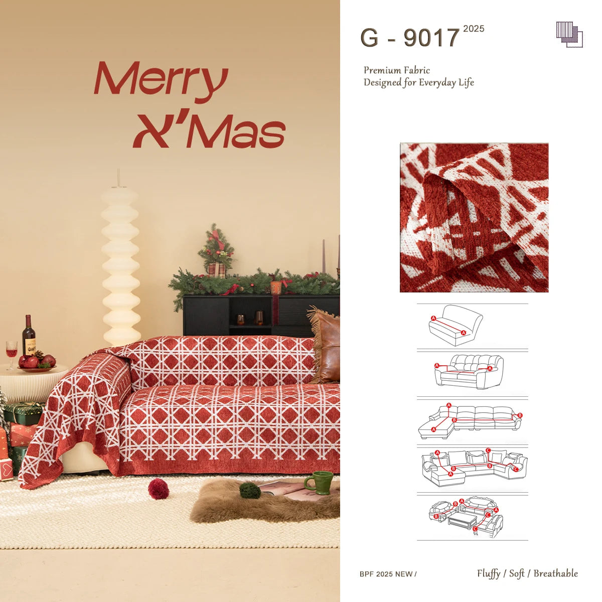 G 9017 Red Checkered Velvet Sofa Cover | Luxury Plaid Couch Cover