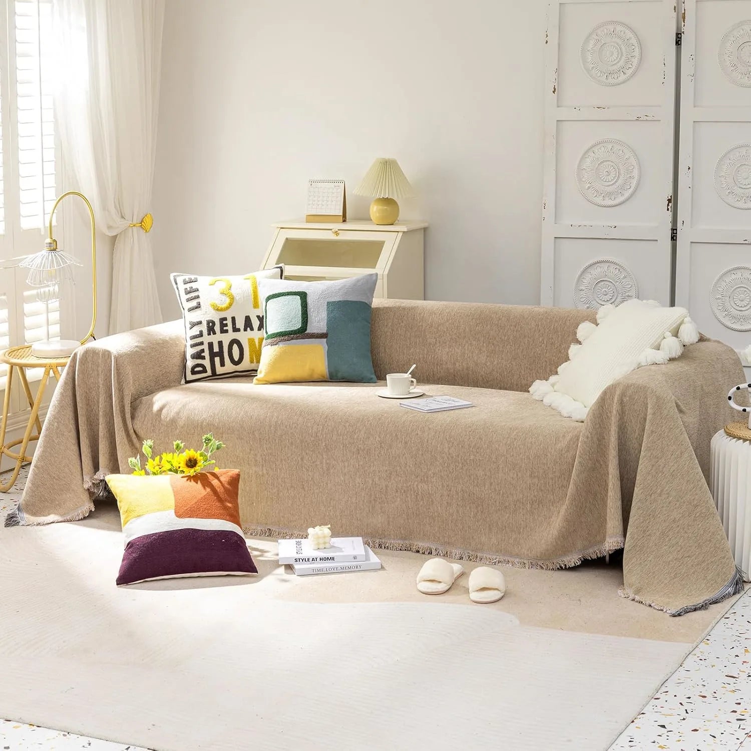 Soild Couch Cover In Tassel Khaki