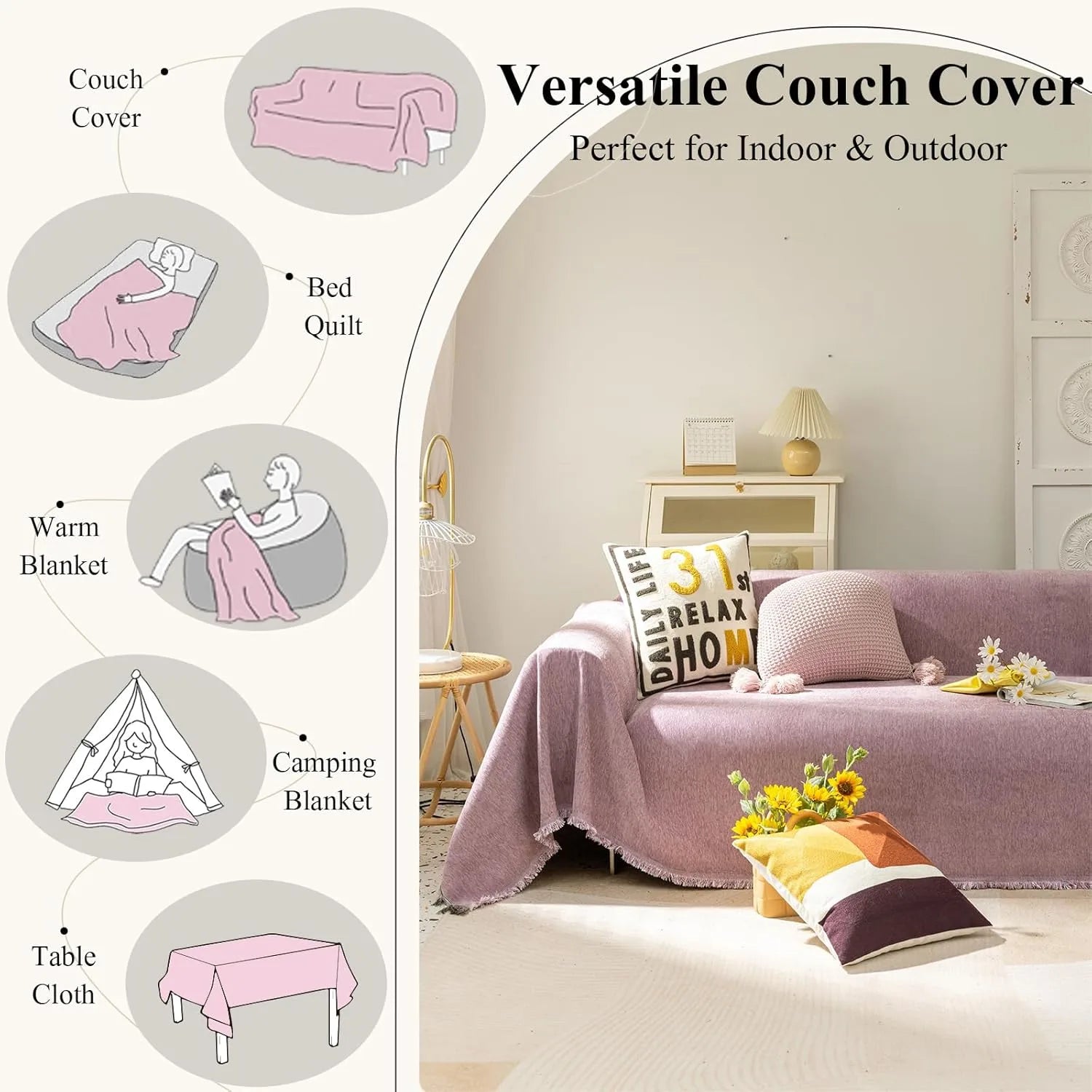 Soild Couch Cover In Tassel Purple