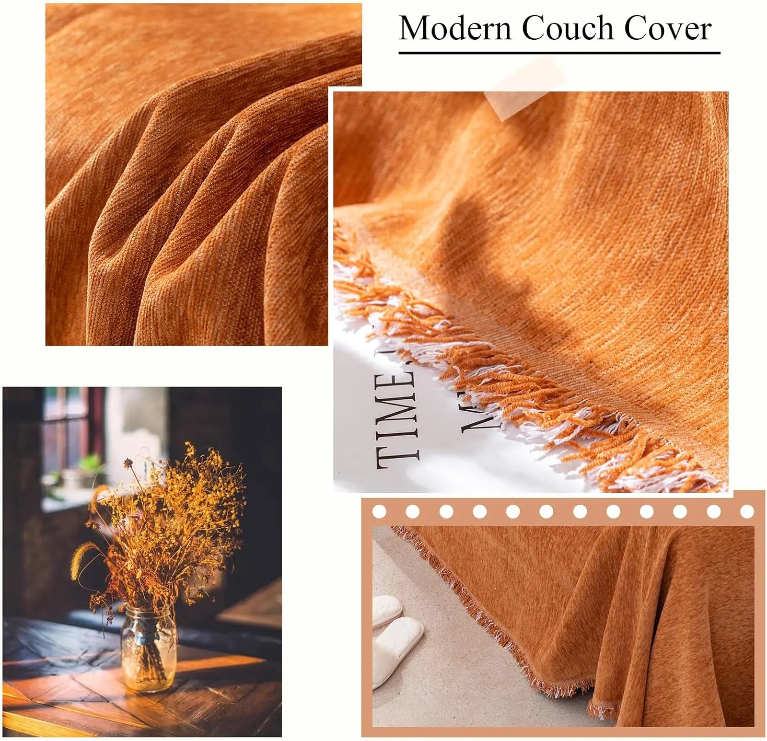 Soild Couch Cover In Tassel Orange
