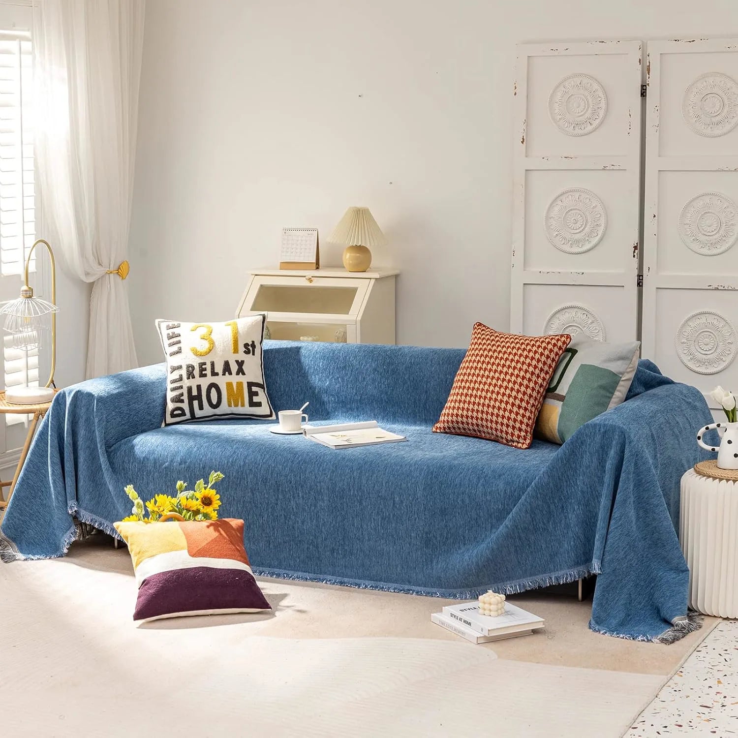Soild Couch Cover In Tassel Denim Blue