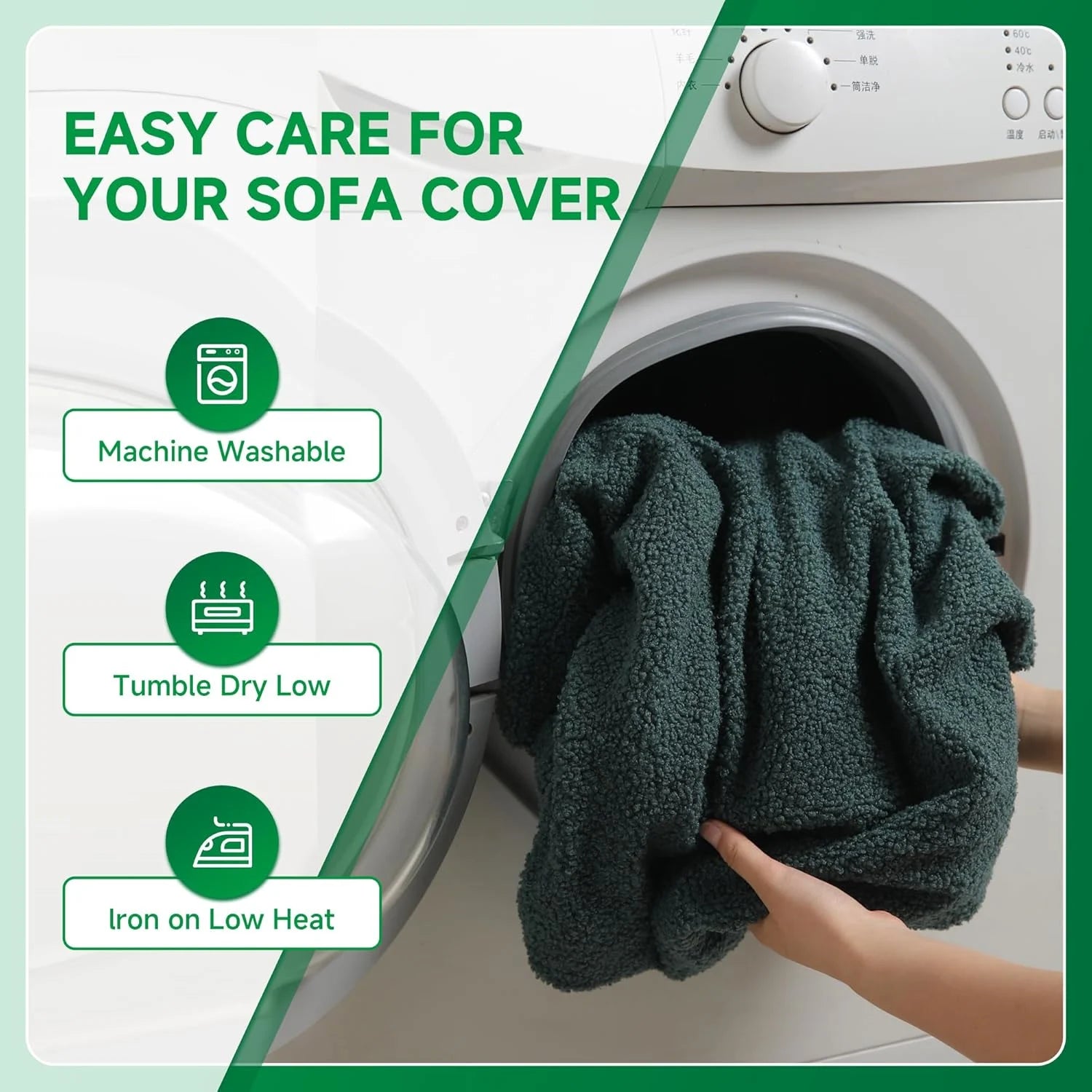 Performance Solid Bouclé Stretch Sofa Cushion Cover - Green