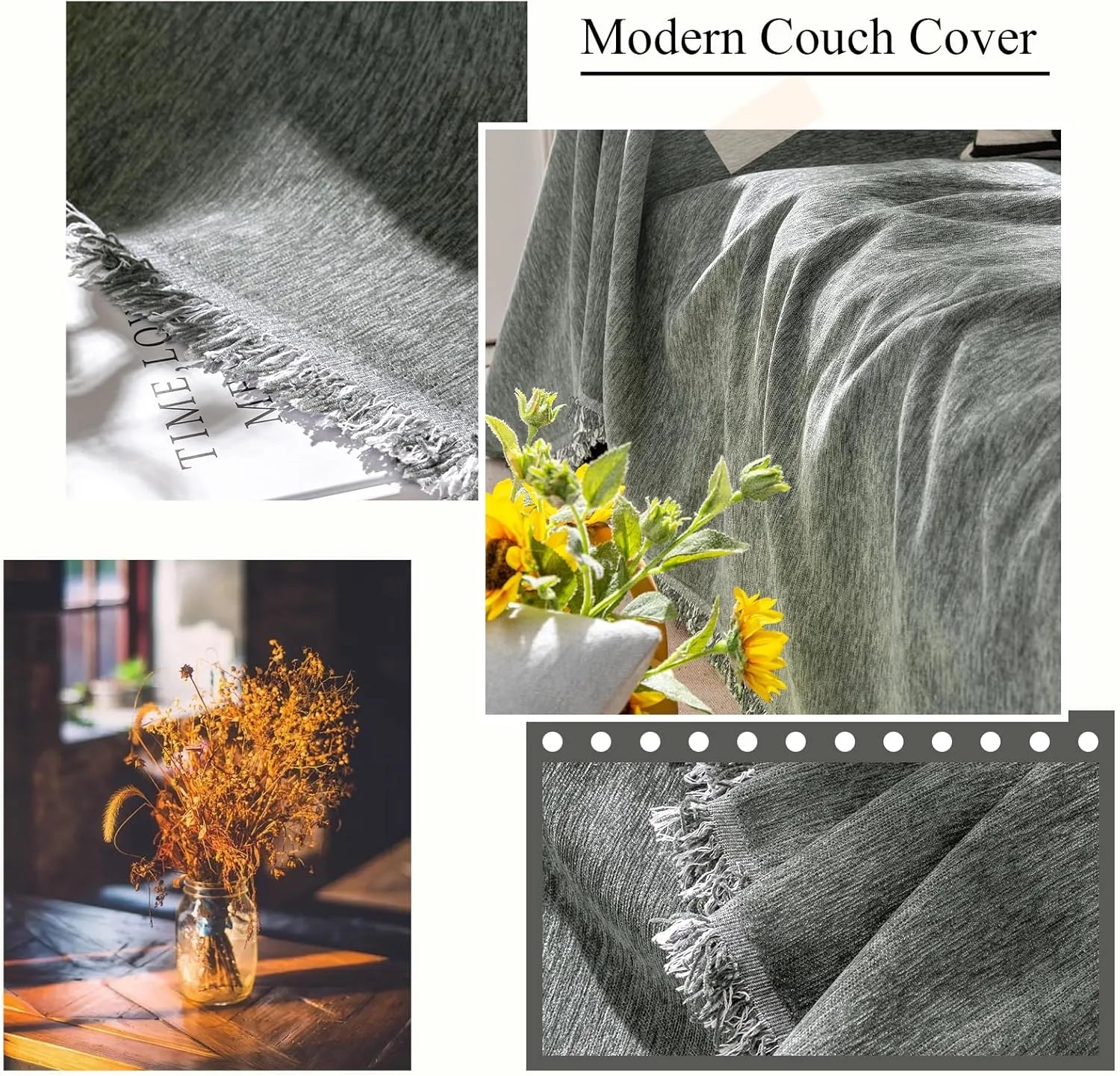 Soild Couch Cover In Tassel Dark Gray