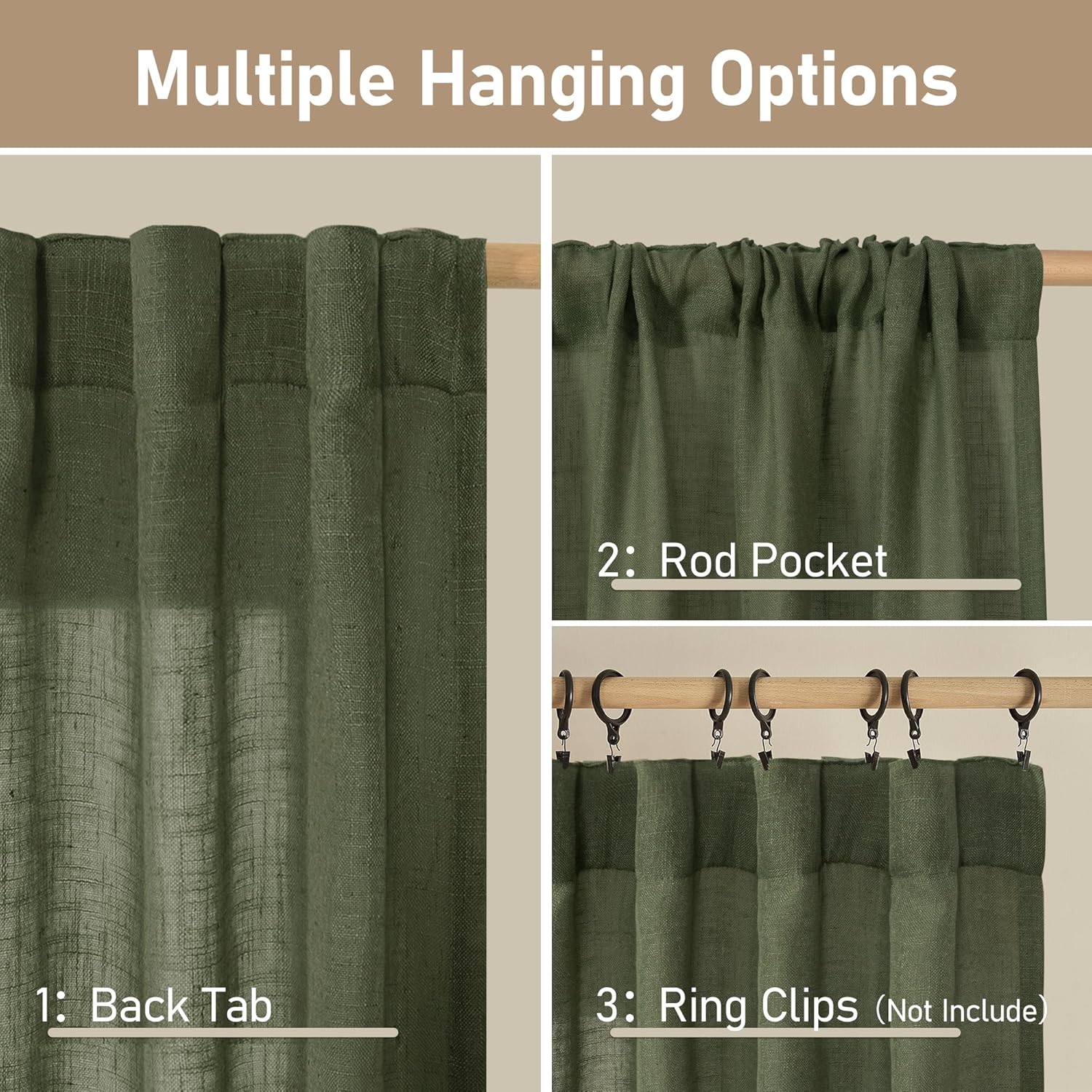 Light filtering Neutral Linen Curtain - Olive Green