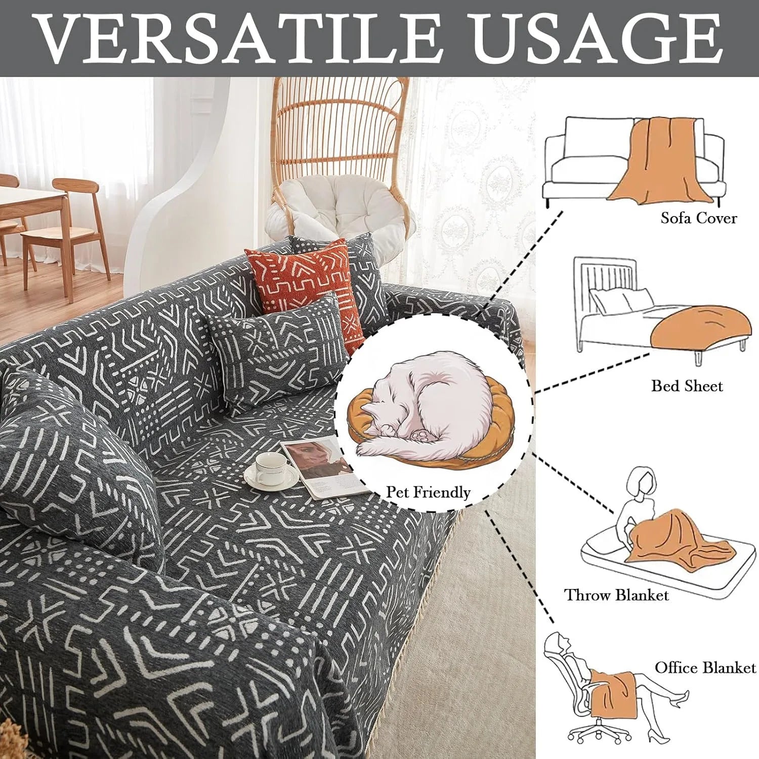 BOHO Couch Cover In Brick Black