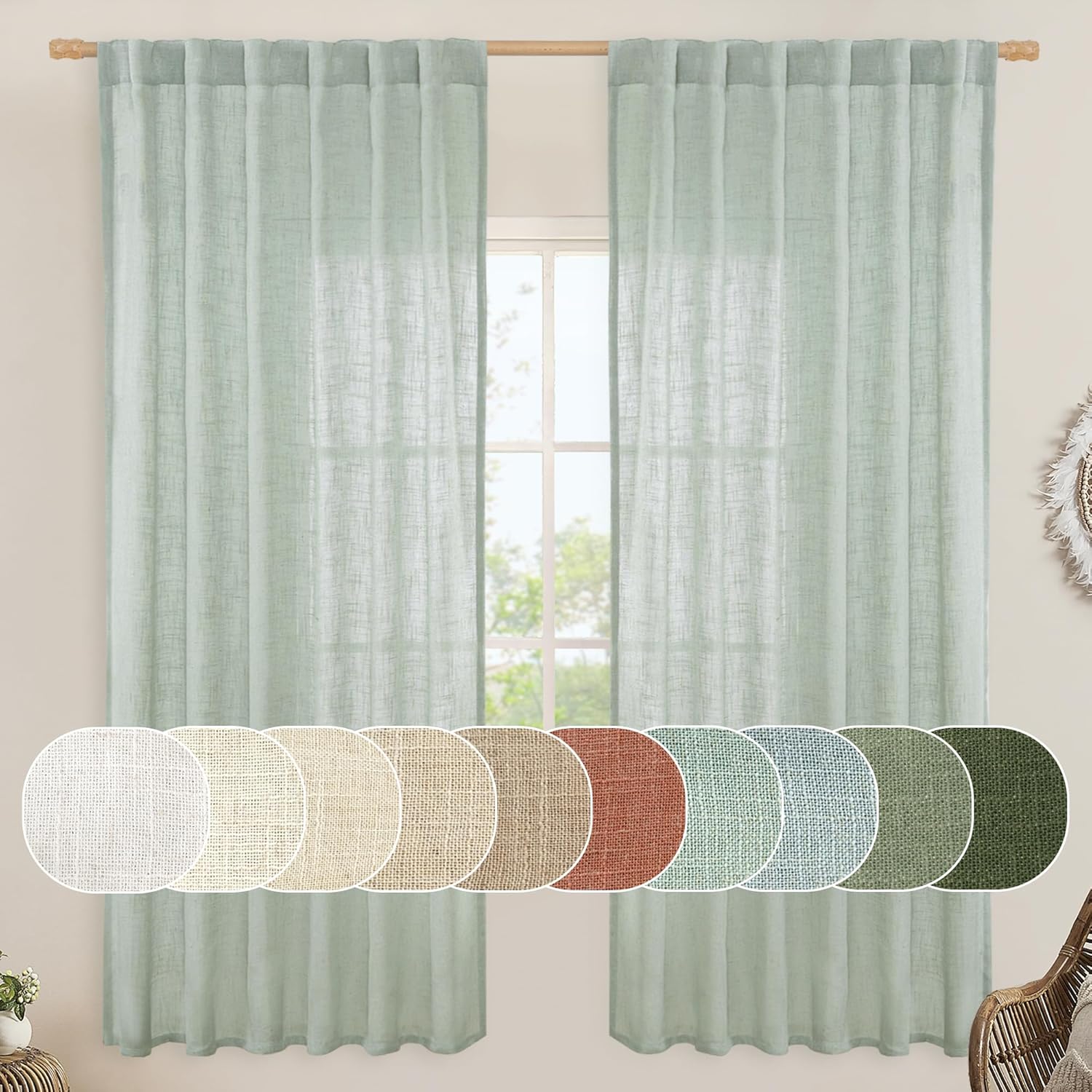 Light filtering Neutral Linen Curtain - Light Sage