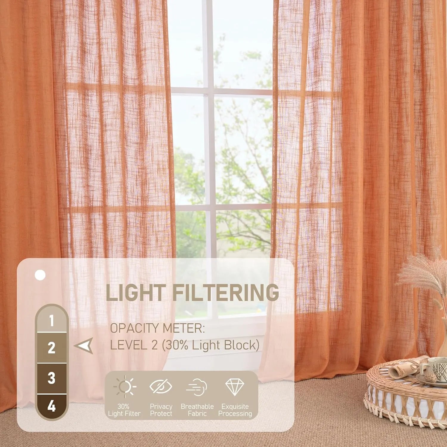 Light filtering Neutral Linen Curtain - Burnt Orange