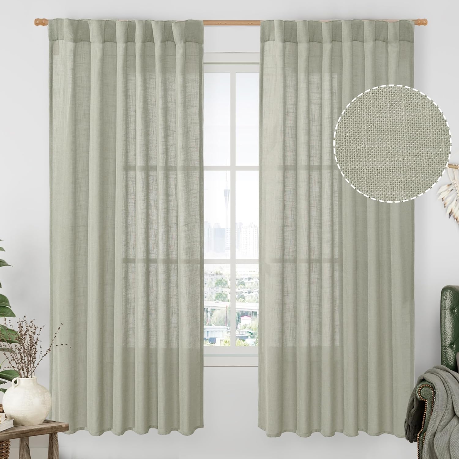 Light filtering Neutral Linen Curtain - Sage Grey