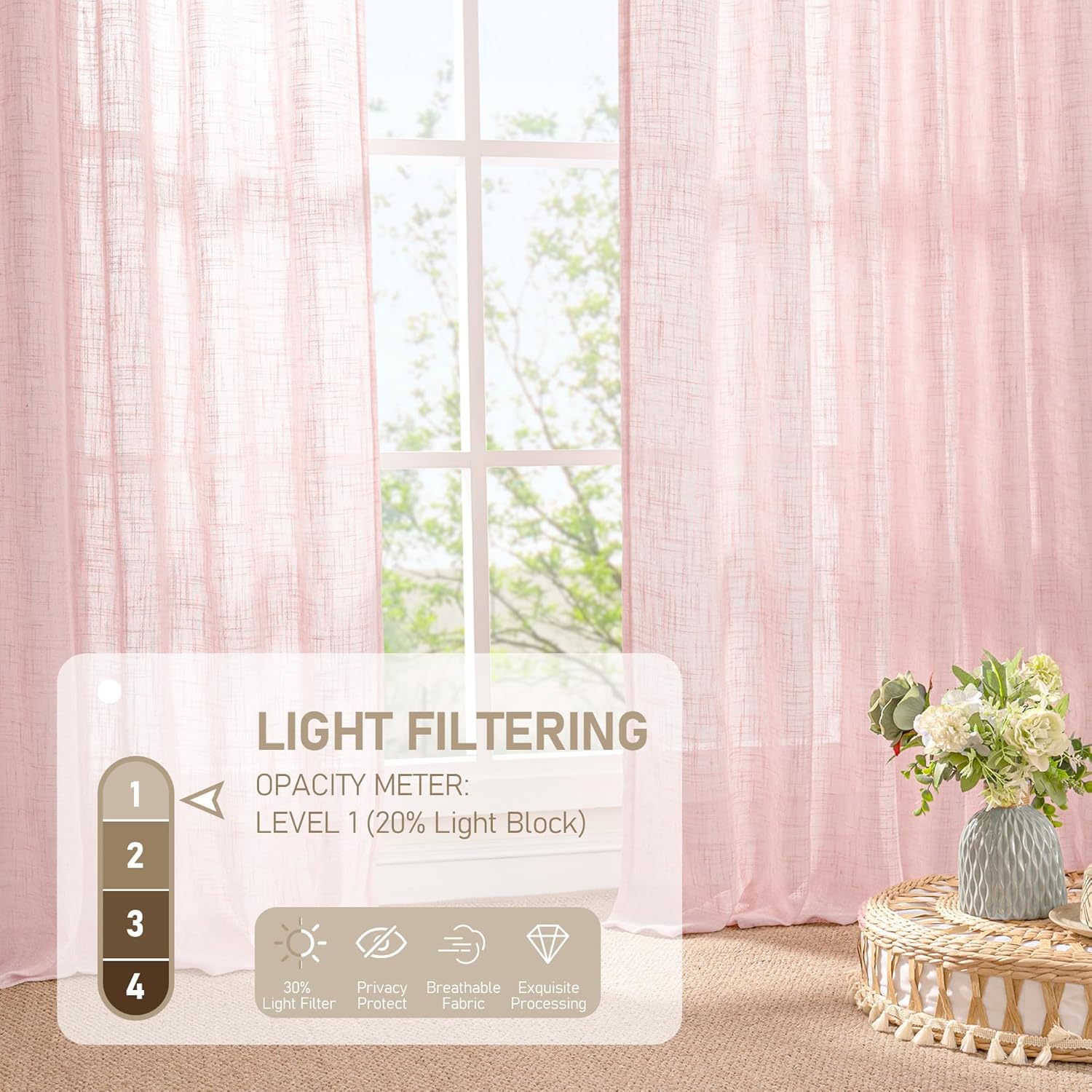 Light filtering Neutral Linen Curtain - Pink
