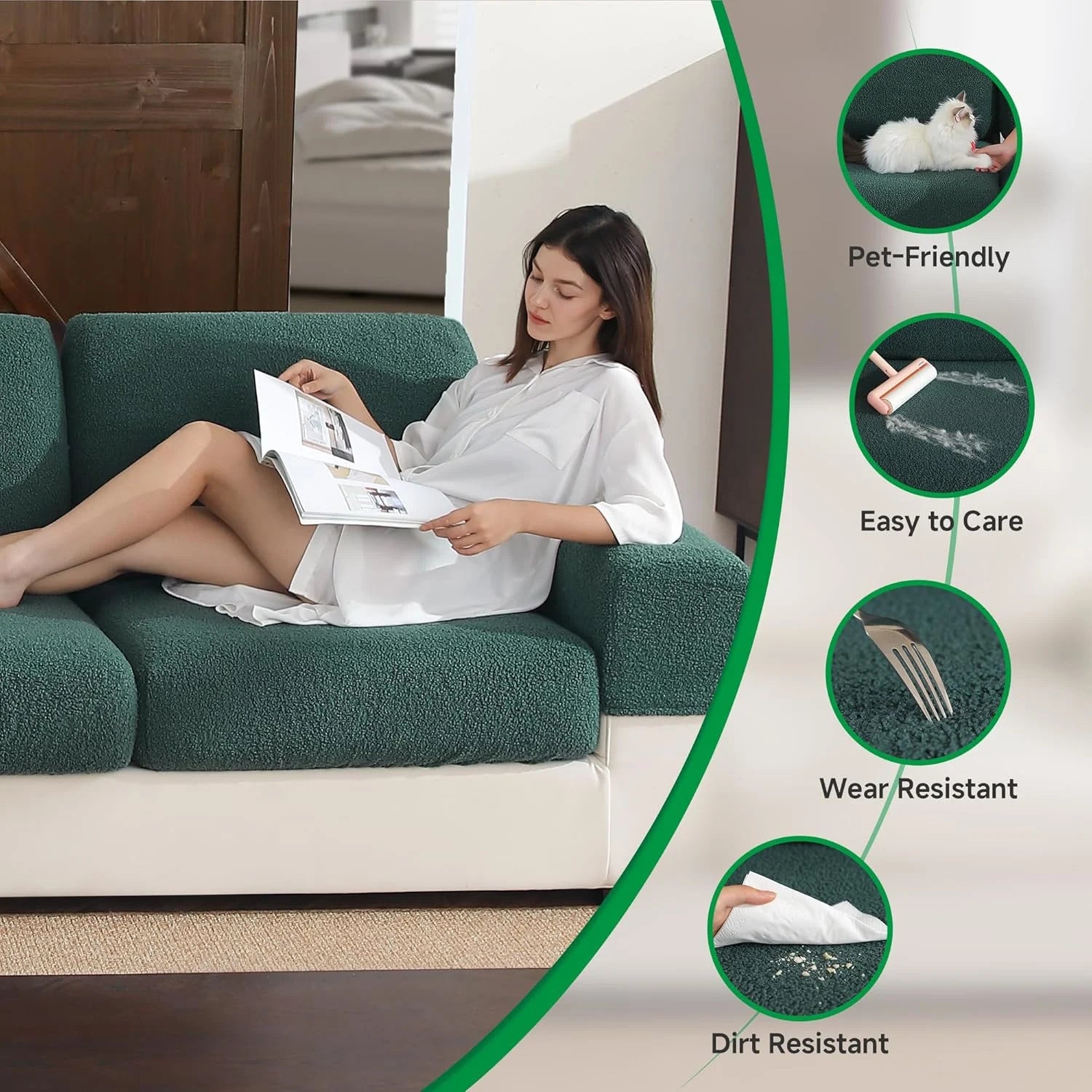 Performance Solid Bouclé Stretch Sofa Cushion Cover - Green