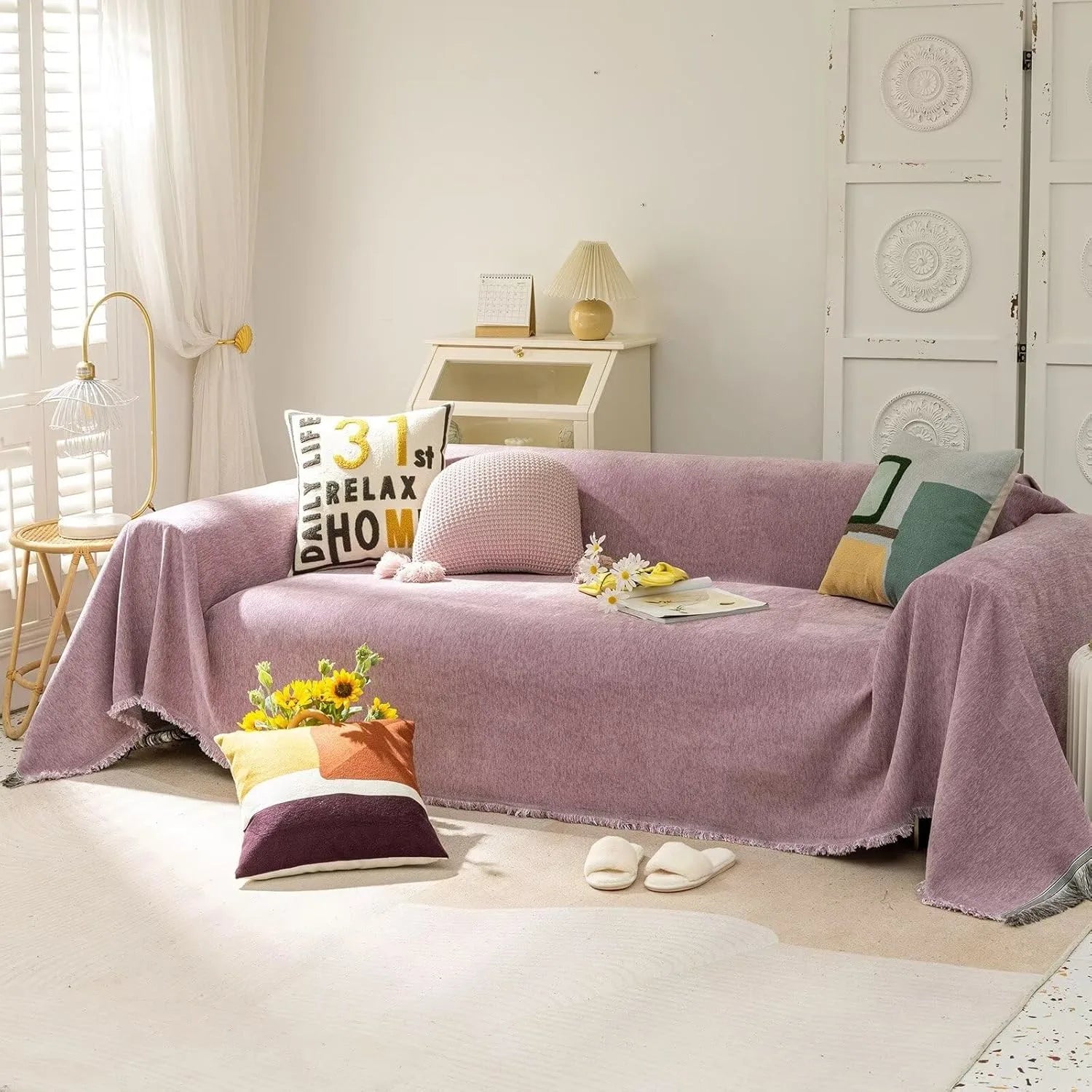 Soild Couch Cover In Tassel Purple