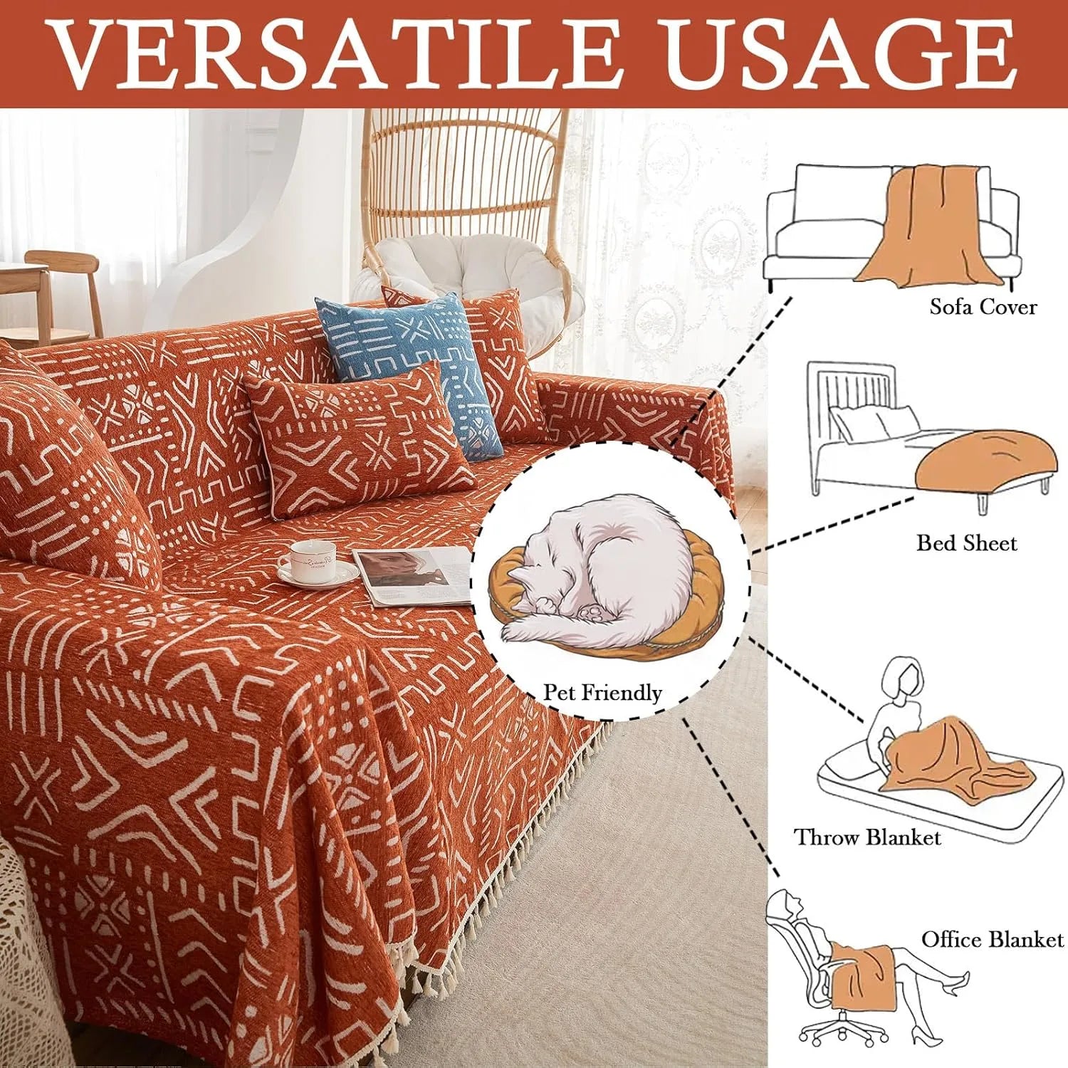 BOHO Couch Cover In Brick Orange