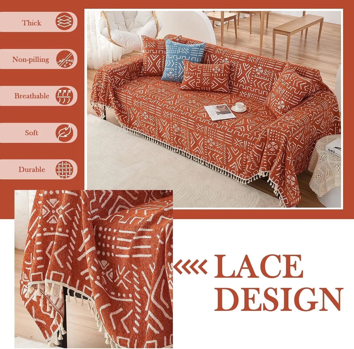 BOHO Couch Cover In Brick Orange