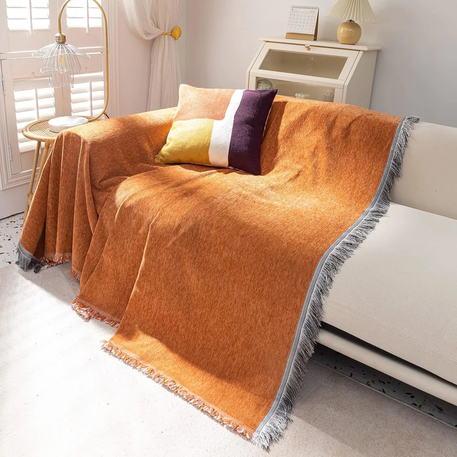 Soild Couch Cover In Tassel Orange