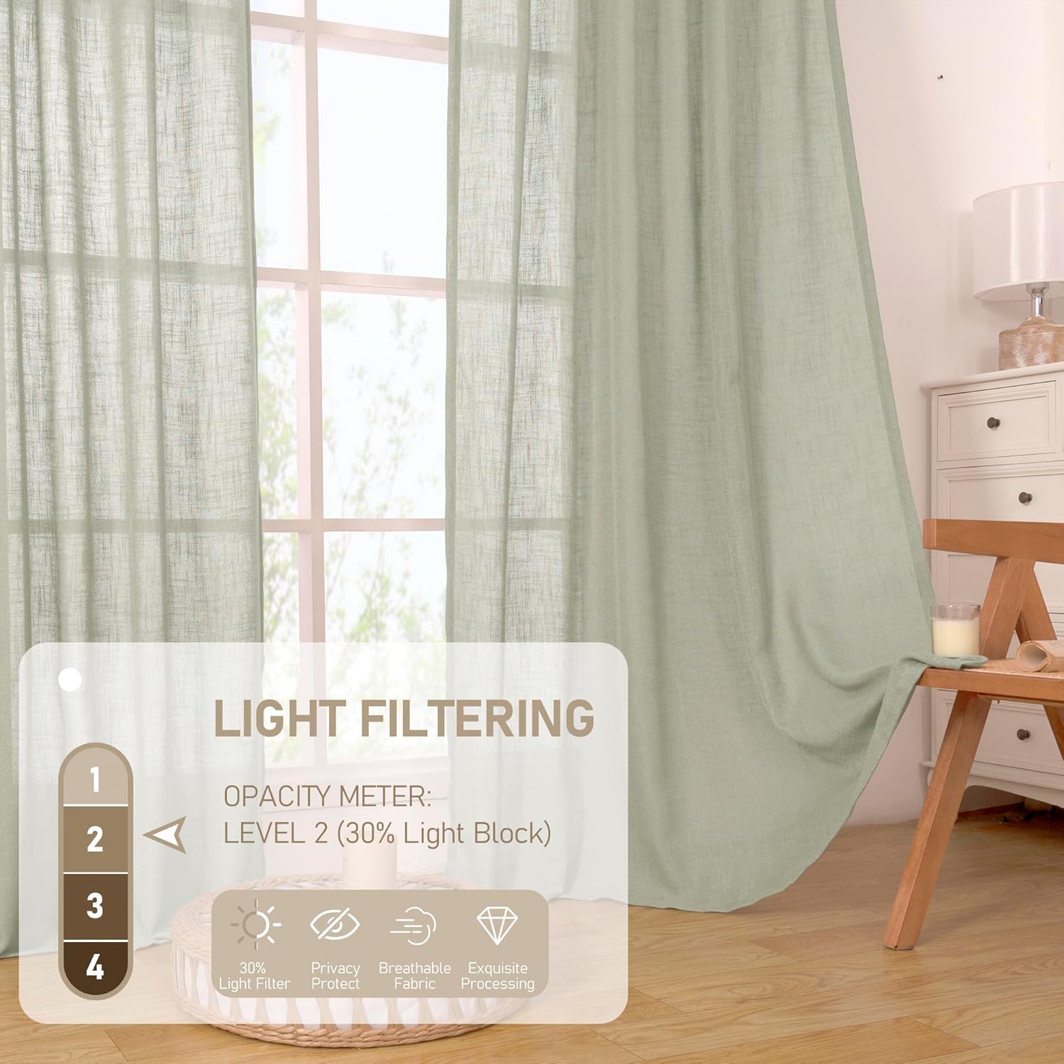 Light filtering Neutral Linen Curtain - Sage Grey