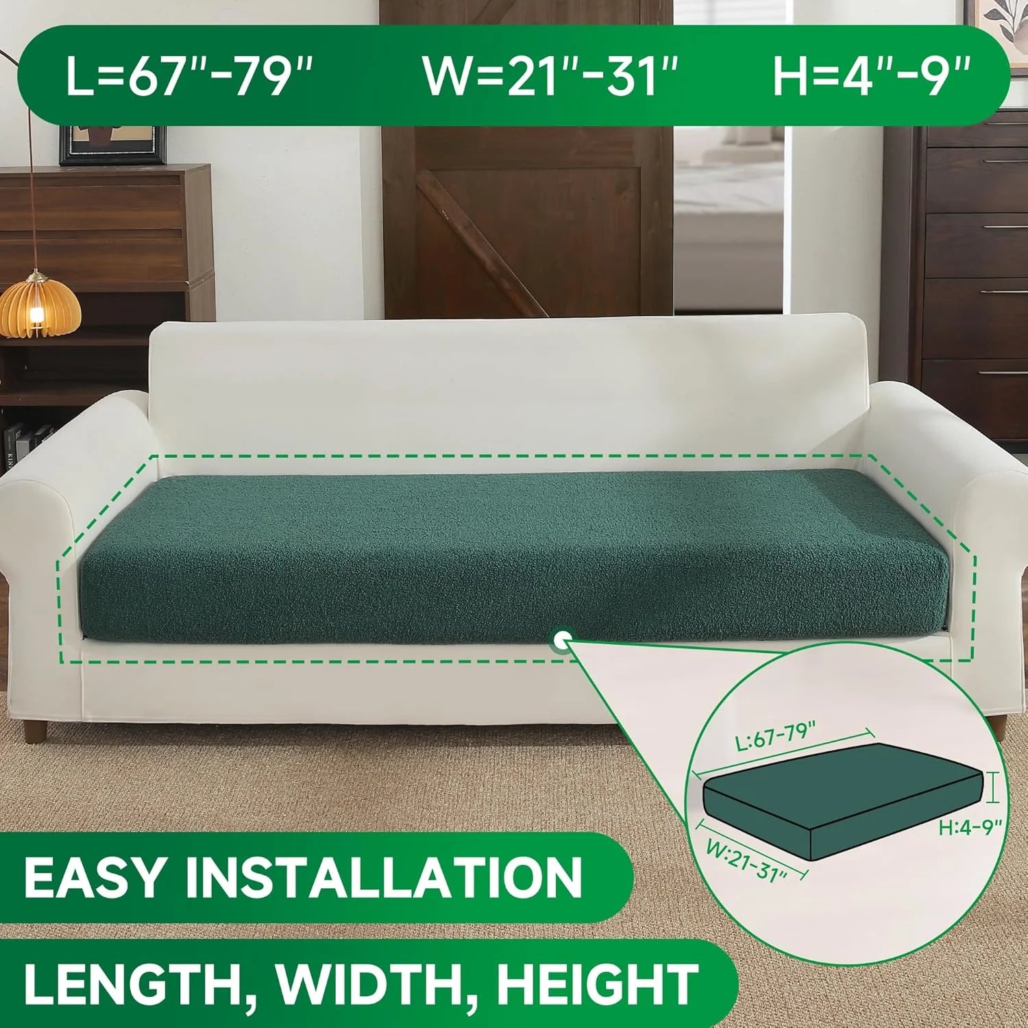 Performance Solid Bouclé Stretch Sofa Cushion Cover - Green