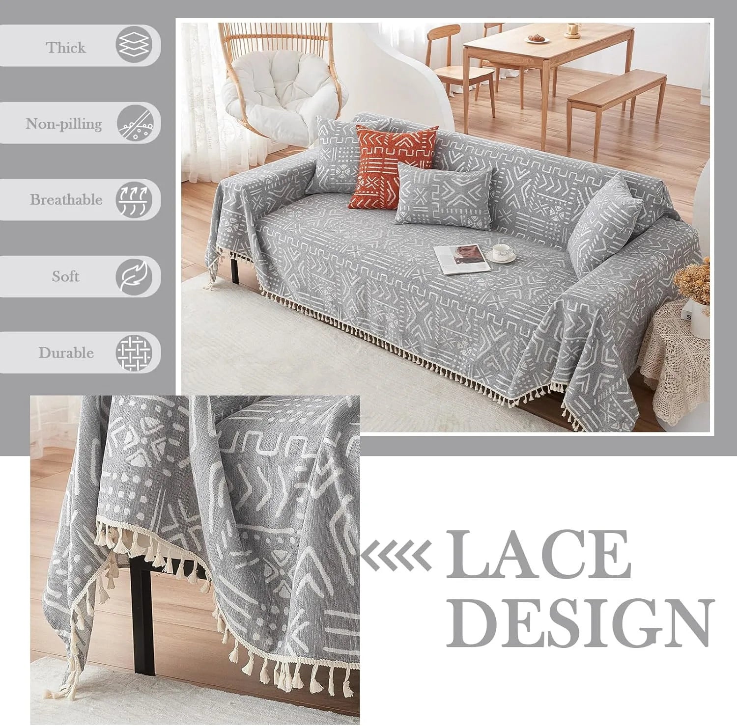 BOHO Couch Cover In Brick Gray