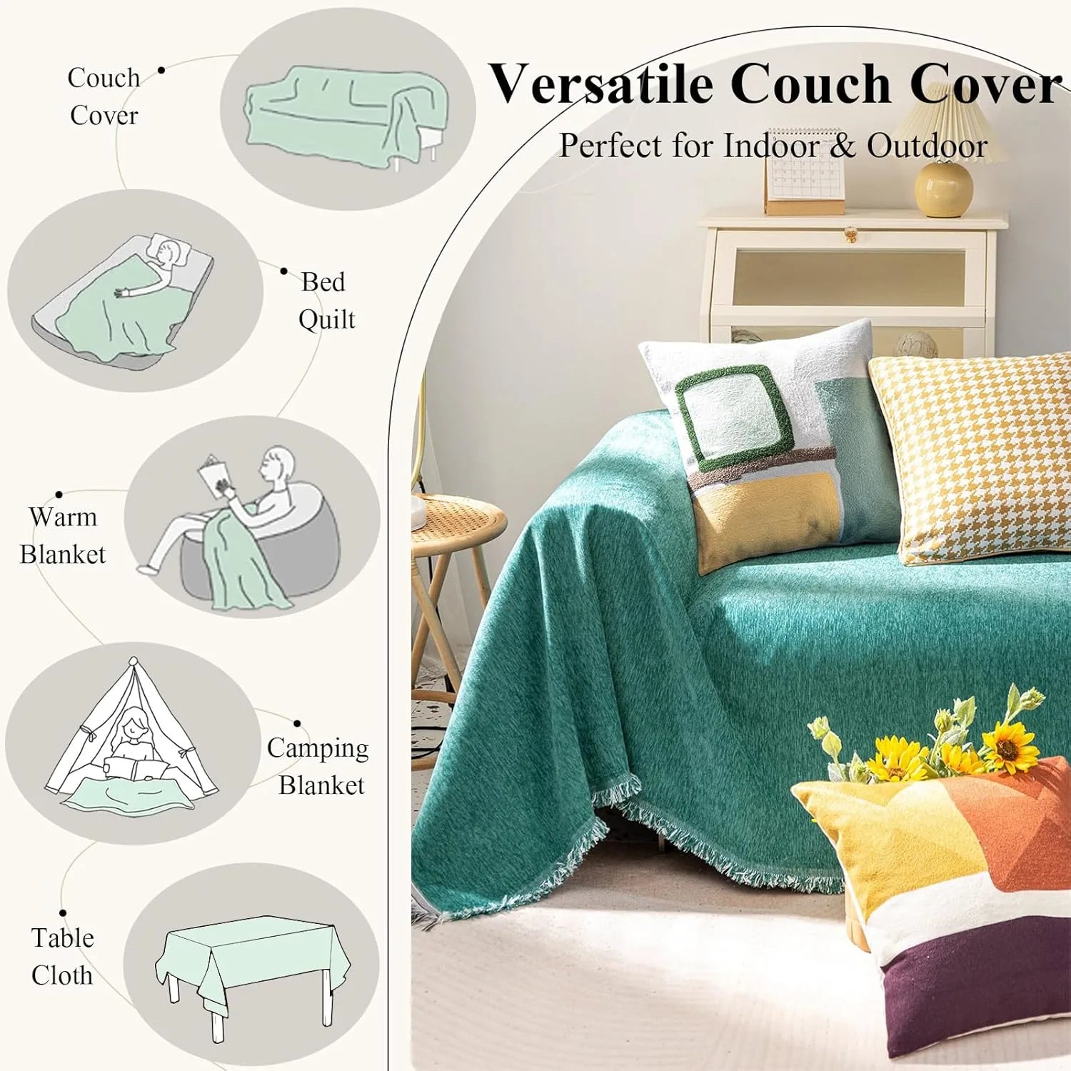 Soild Couch Cover In Tassel Green